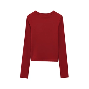 Detail shot of the deep red modal slim fit long sleeve T-shirt with round neckline