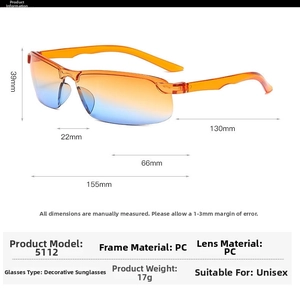 Detailed size chart for frameless cycling sunglasses with 155mm width and PC material specs