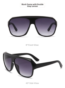 Front and side views of oversized black frame sunglasses with gradient grey lenses