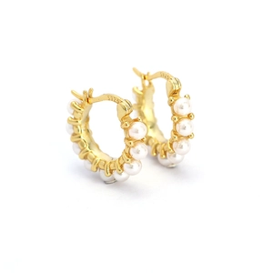 Minimalist S925 sterling silver hoop earrings with small pearls on white background