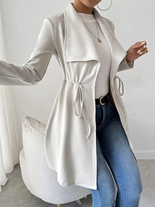 Elegant greige drawstring trench coat for women featuring a stylish lapel and slim fit