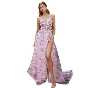 Pink floral lace evening gown with thin straps and high side slit on mesh tulle