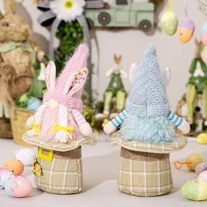 Easter gnome plush decorations with rabbit ears and plaid base in pink and blue colors