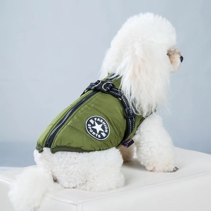 Detail showing army green padded dog vest with back zipper and built-in harness D-rings