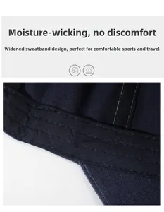 Detailed macro view of the wide moisture-wicking sweatband inside this navy baseball cap