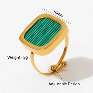Vintage gold square ring with green malachite texture inlay and adjustable open band