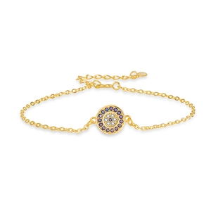 S925 sterling silver evil eye bracelet with 18k gold plating and blue crystals