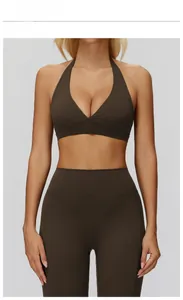 Detailed view of coffee brown halter neck yoga bra and high waist leggings fitness set