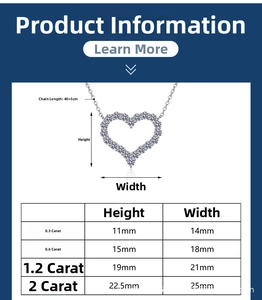 Size chart for heart moissanite necklace showing height and width for various carats