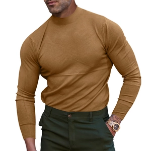 Detailed fabric texture of men's brown slim fit long sleeve thermal mock neck shirt