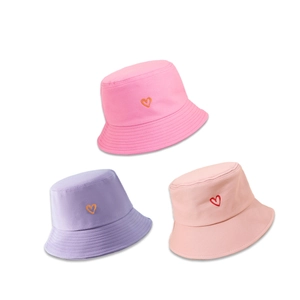 Three embroidered heart cotton bucket hats in pink, purple, and beige displayed on white