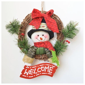 Detail of Christmas wreath with plush snowman, rattan ring, and wooden welcome sign