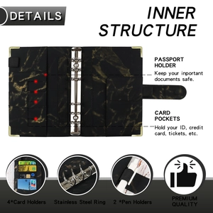 Detailed interior of A6 marble PU leather binder with card slots and steel rings