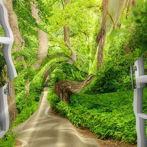 Close-up of 3D forest window tapestry showing clear fabric texture and green forest path