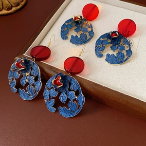 Vintage Palace Style Hollow Flower Drop Earrings Alloy Enamel Resin With Silver Earring Post Luxury Elegant For Women