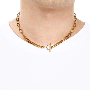 Chic 18K gold plated stainless steel toggle necklace with double style link chains