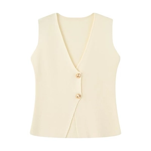 Cream knit v-neck vest with button closure and ribbed texture on white background