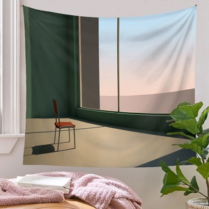 Artistic interior scene tapestry featuring a red chair and soft lighting on a white wall