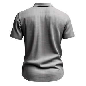 Detail view of the gray short sleeve shirt back showing fine horizontal fabric texture