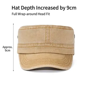 Classic khaki cotton flat top military cap featuring a deep 9cm fit design for men