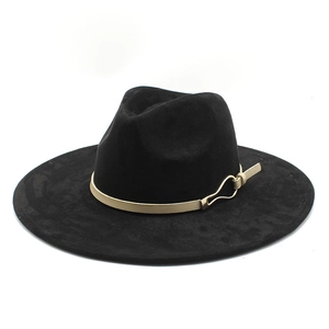 Unisex black suede fedora hat with camel leather belt and golden metal buckle