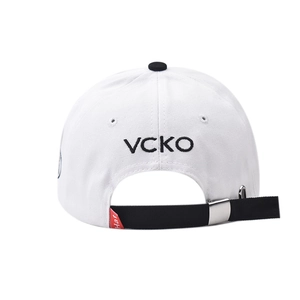 White cotton baseball cap with black VCKO embroidery and adjustable metal buckle back