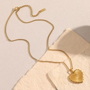 18K gold plated stainless steel heart pendant necklace with sunburst texture and small crystal