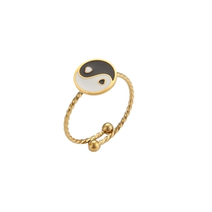 Minimalist 18K gold plated stainless steel twisted ring with black and white Yin Yang design