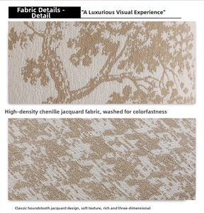 Macro shot of beige chenille jacquard fabric with tree branch and houndstooth patterns