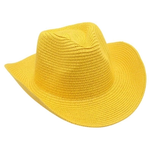 Detail of bright yellow straw cowboy hat with tight woven texture and curved brim