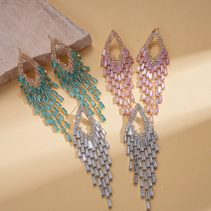 Geometric tassel drop earrings with colorful zircon stones in gold and silver plating