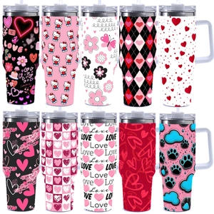Assorted 40oz heart themed stainless steel tumblers with handles and straws