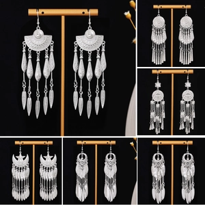 Bohemian Alloy Tassel Earrings Long Vintage Ethnic Style Tribal Hollow Geometric Drop Dangle For Women