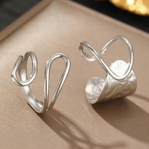 French vintage style irregular stainless steel open rings with hammered texture