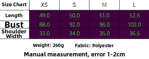 Detailed size guide for women's vest and pleated trousers set in various dimensions