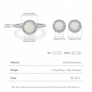 S925 sterling silver French chic opal ring and stud earrings set with crystal accents