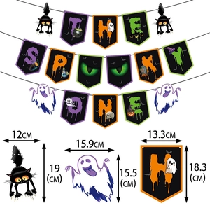 Halloween banner set with Spooky One letters, black cat and white ghost paper decorations