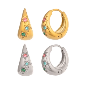 French retro U-shaped star earrings in gold and silver steel with colored zircons
