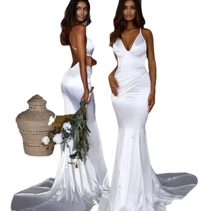 Elegant white satin mermaid evening gown with deep V-neck and open back design