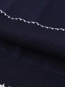 Close-up of navy blue knit polo shirt showing premium ribbed cuffs and fine texture