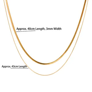 Minimalist double layered gold snake bone chain necklace set for women 40cm and 43cm