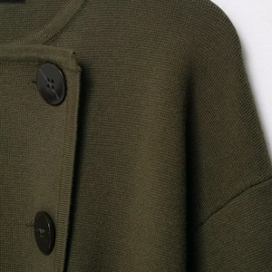 Slim fit dark olive green knitted cardigan featuring large black buttons for women