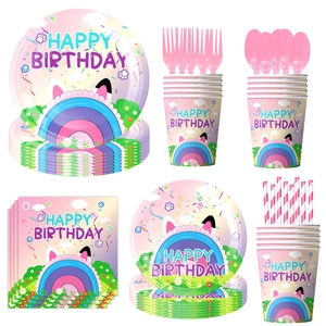 Gabby's Dollhouse themed birthday party tableware set with colorful plates and napkins