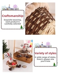 Close-up of hand-woven Christmas candy basket with festive reindeer doll and brown boots base