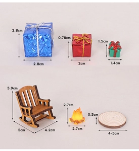 Detailed dimensions of miniature gift boxes, wooden rocking chair, and campfire accessories