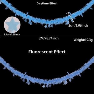 Detail of blue 2M fluorescent star tinsel garland showing day and night glow effects