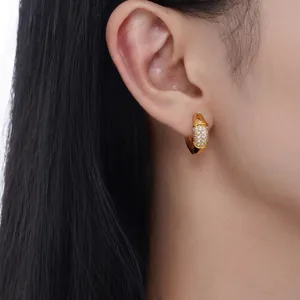 Close-up of gold-plated hoop earrings with pave-set white zircons on a model
