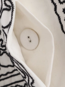 Détail du bouton recouvert de tissu et de la broderie noire sur la veste blanche