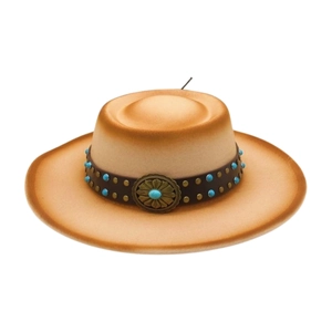 Ethnic style felt cowboy hat in gradient tan with turquoise bead and metal buckle trim