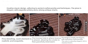 Macro detail of ceramic backflow incense burner showing 14.5cm length and elegant glaze